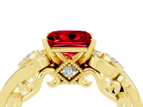 Yellow gold Princess Cut Ruby Solitaire Ring with Milgrain Pavé Band and Four-Prong Setting_28