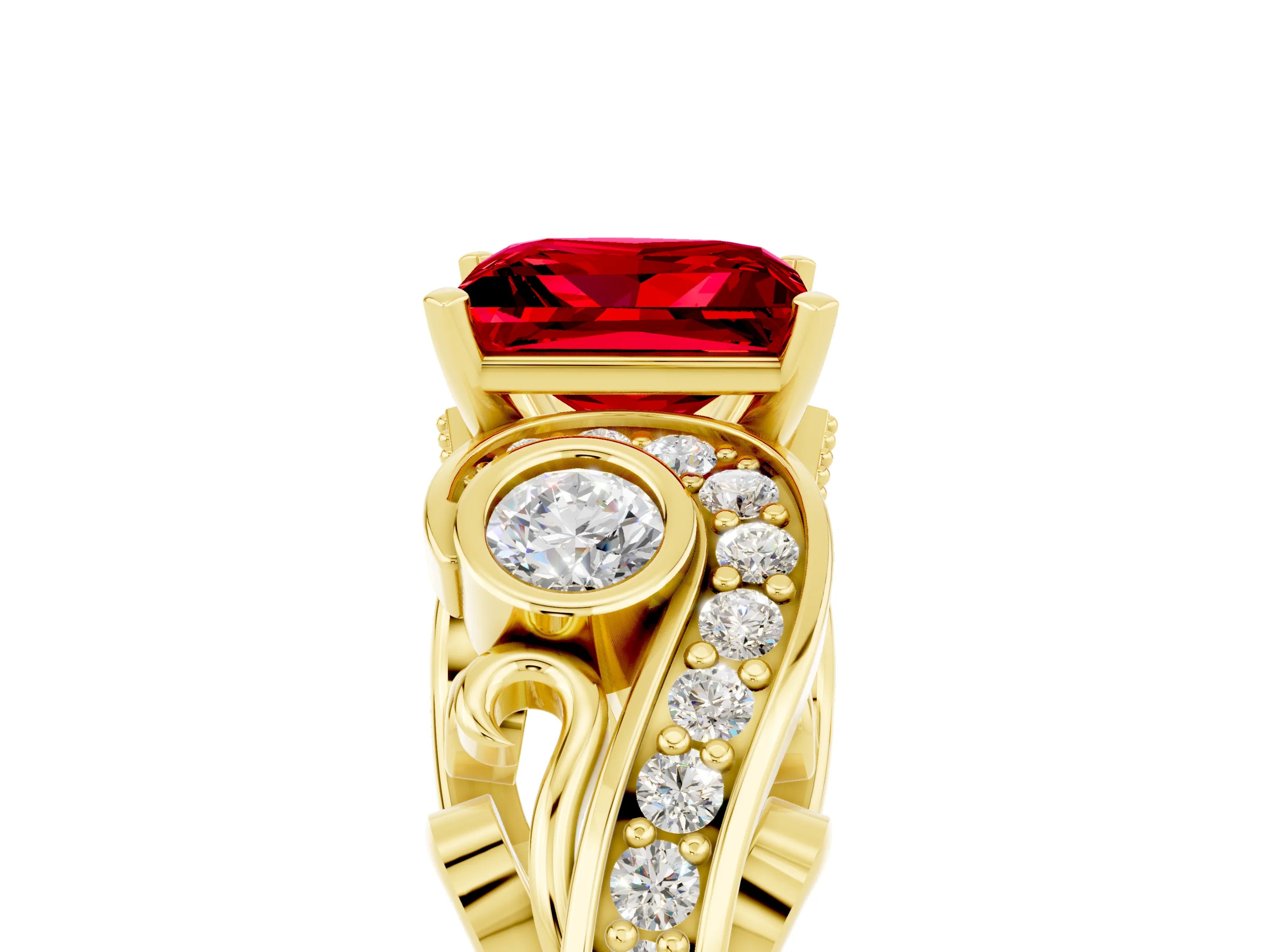 Yellow gold Princess Cut Ruby Solitaire Ring with Milgrain Pavé Band and Four-Prong Setting_29