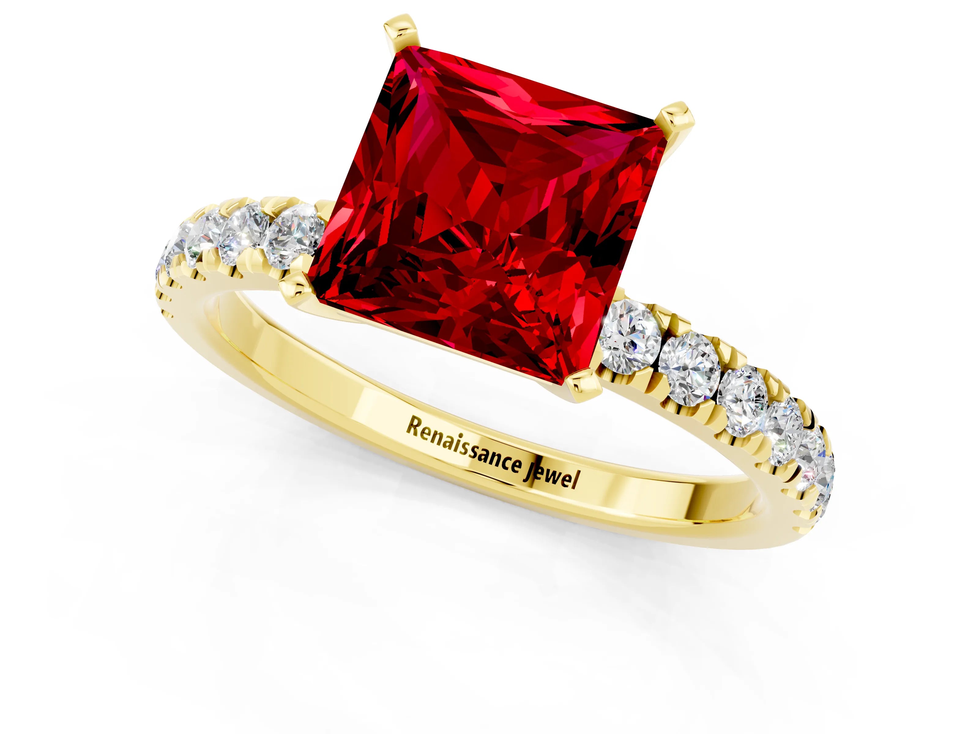 Yellow gold Princess Cut Ruby Solitaire Ring with Pavé Accents and Four-Prong Setting_1