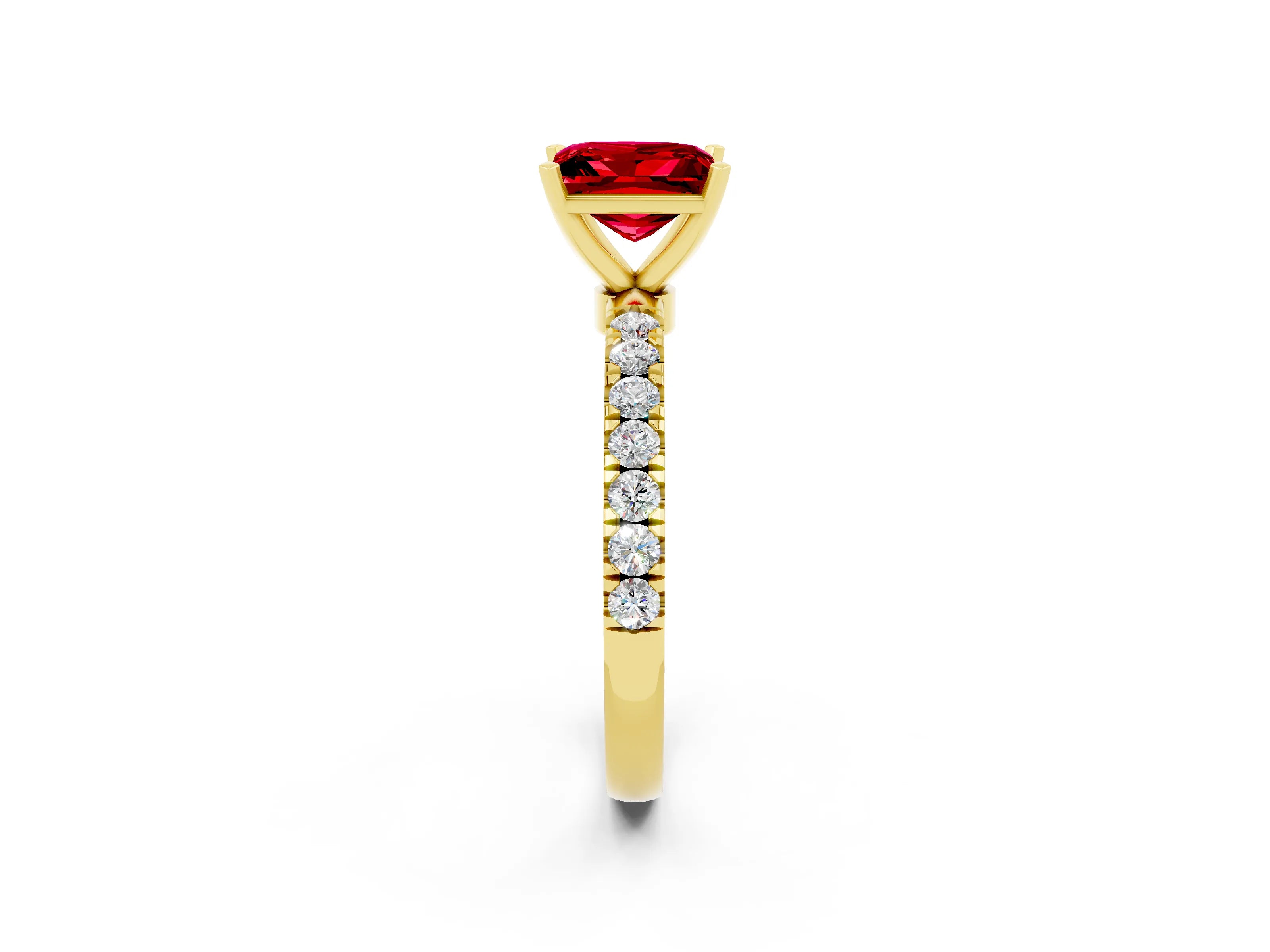 Yellow gold Princess Cut Ruby Solitaire Ring with Pavé Accents and Four-Prong Setting_2