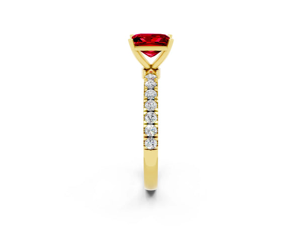 Yellow gold Princess Cut Ruby Solitaire Ring with Pavé Accents and Four-Prong Setting