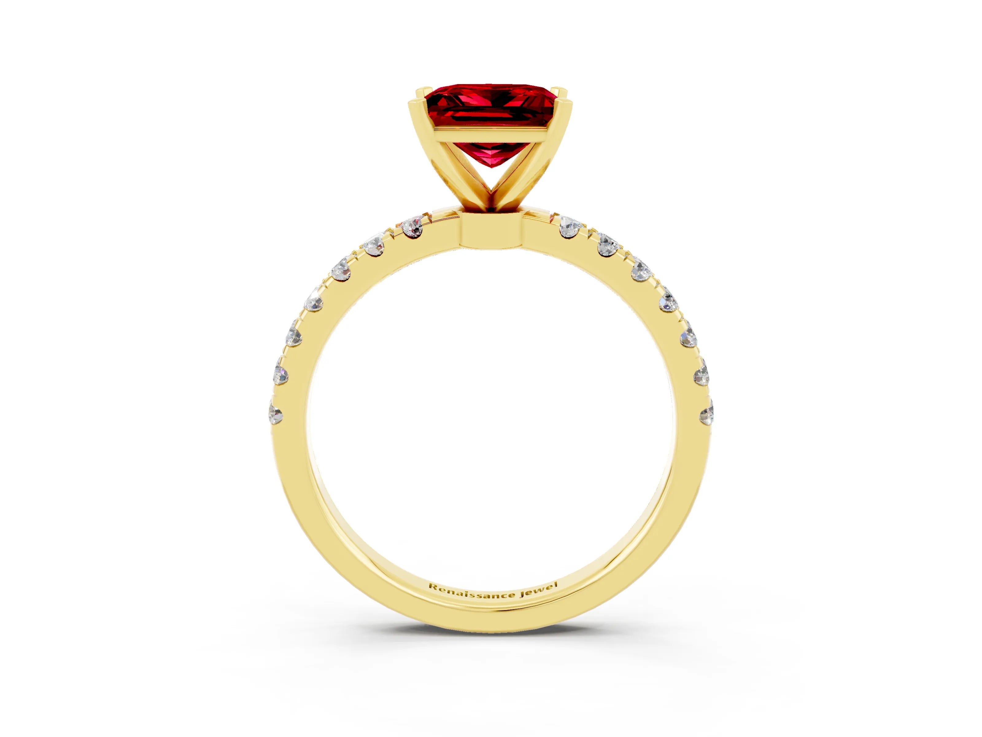 Yellow gold Princess Cut Ruby Solitaire Ring with Pavé Accents and Four-Prong Setting_3