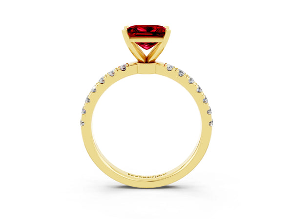 Yellow gold Princess Cut Ruby Solitaire Ring with Pavé Accents and Four-Prong Setting
