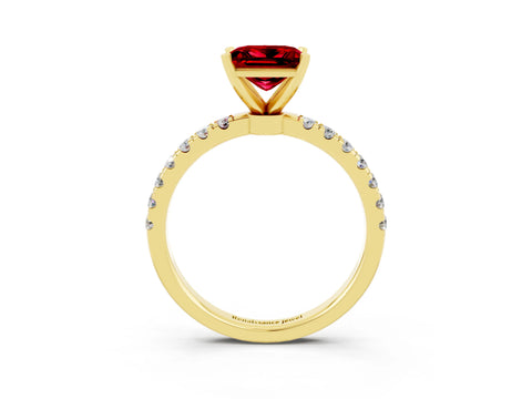 Yellow gold Princess Cut Ruby Solitaire Ring with Pavé Accents and Four-Prong Setting_3
