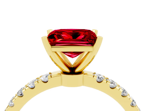 Yellow gold Princess Cut Ruby Solitaire Ring with Pavé Accents and Four-Prong Setting_4