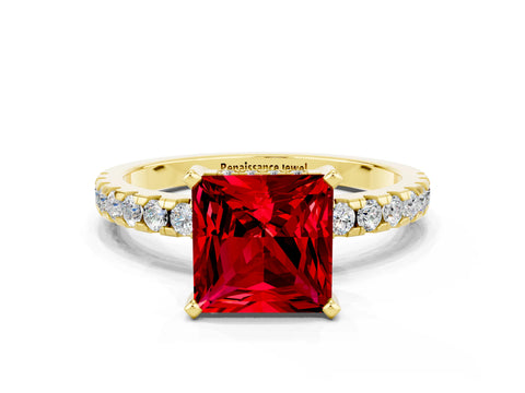 Yellow gold Princess Cut Ruby Solitaire Ring with Pavé Band and Four-Prong Setting_12