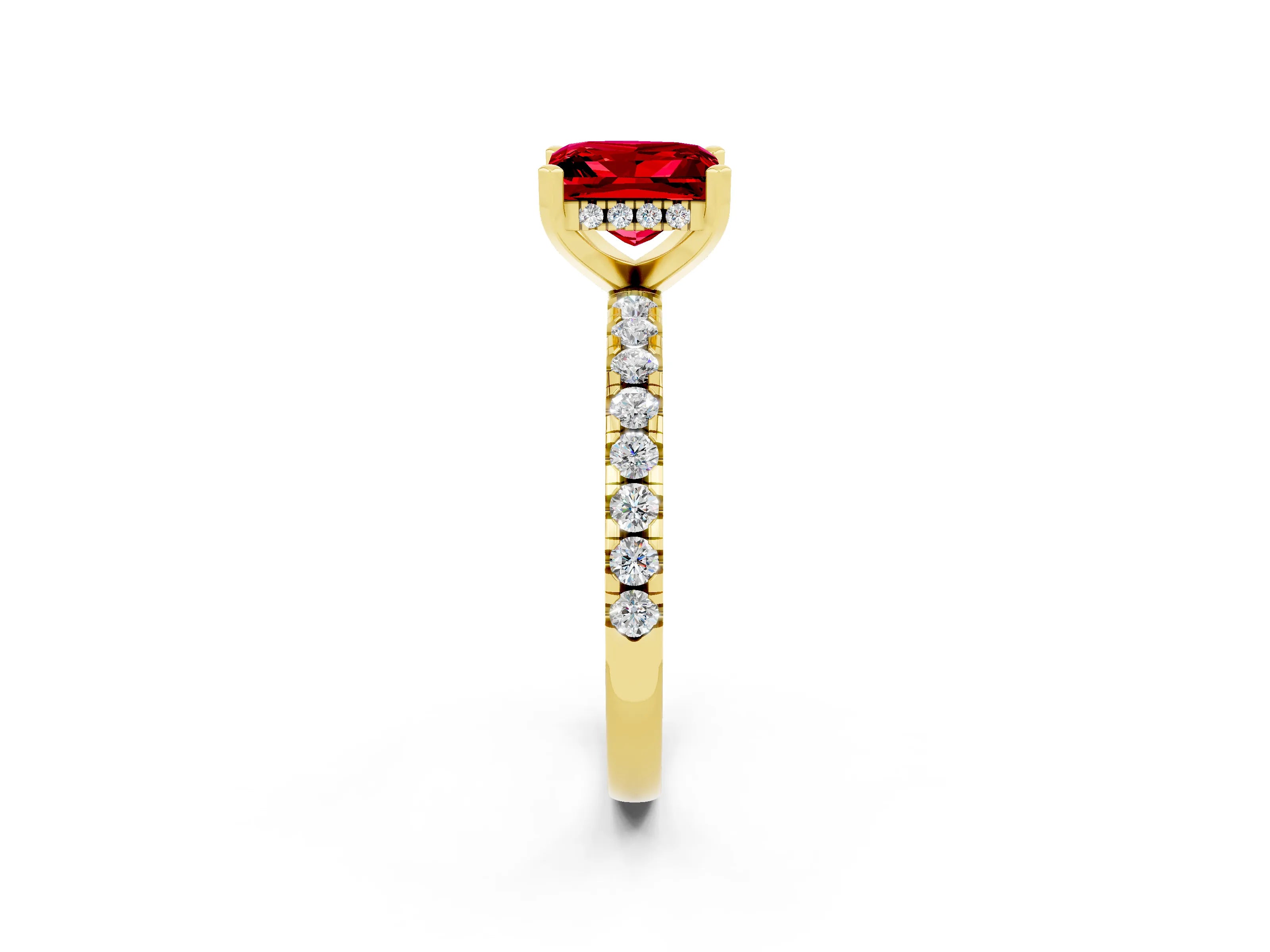 Yellow gold Princess Cut Ruby Solitaire Ring with Pavé Band and Four-Prong Setting_14