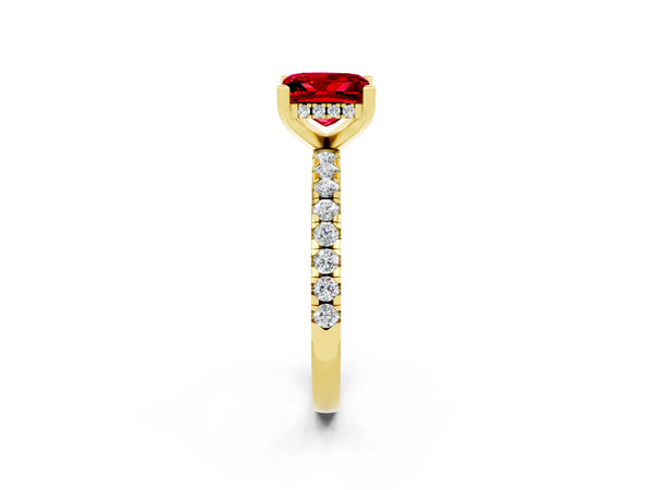 Yellow gold Princess Cut Ruby Solitaire Ring with Round  Pavé Band and Four-Prong Setting