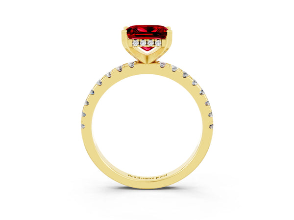 Yellow gold Princess Cut Ruby Solitaire Ring with Round  Pavé Band and Four-Prong Setting
