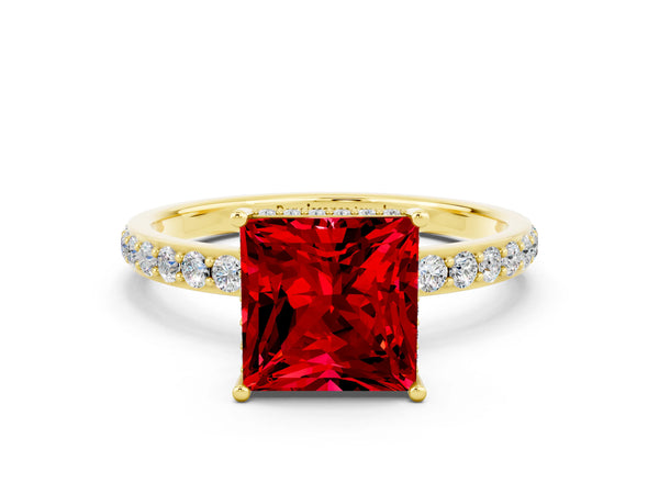Yellow gold Princess Cut Ruby Solitaire Ring with Pavé Band and Hidden Halo