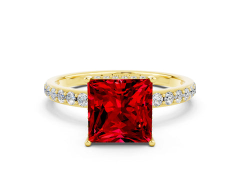 Yellow gold Princess Cut Ruby Solitaire Ring with Pavé Band and Hidden Halo_12