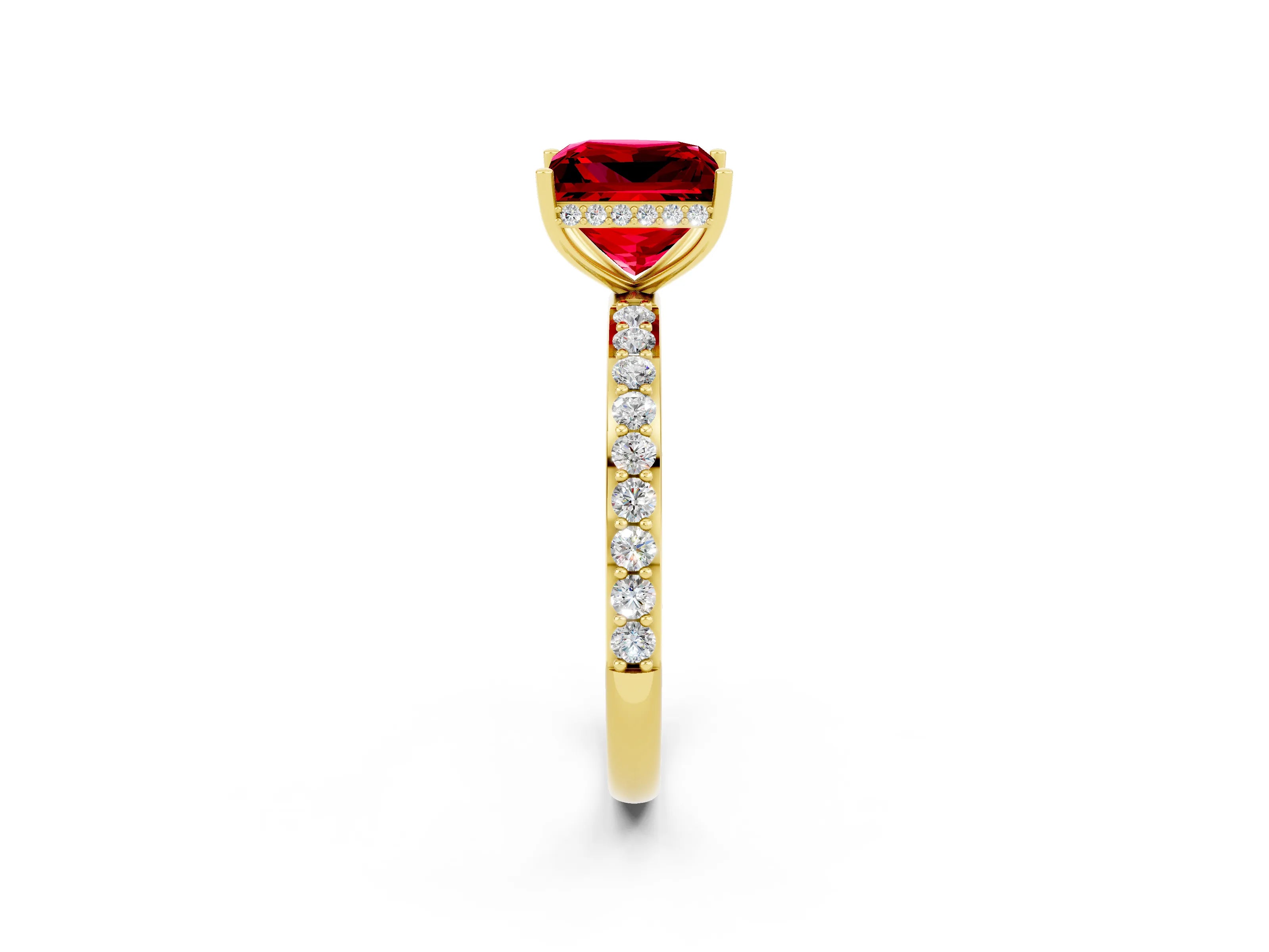 Yellow gold Princess Cut Ruby Solitaire Ring with Pavé Band and Hidden Halo_14