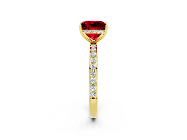 Yellow gold Princess Cut Ruby Solitaire Ring with Pavé Band and Hidden Halo