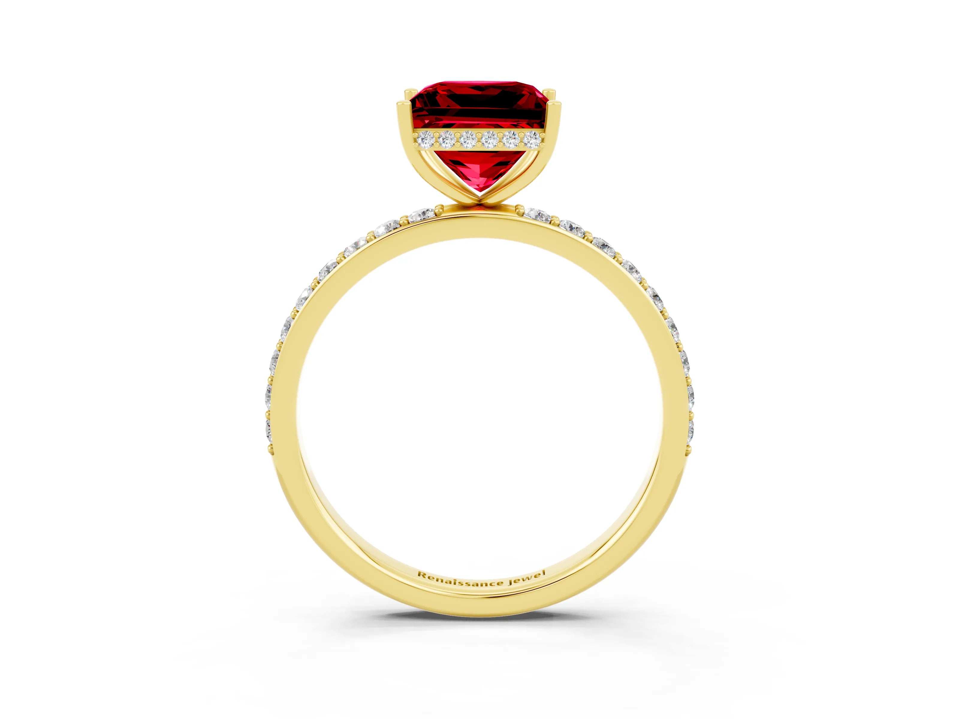 Yellow gold Princess Cut Ruby Solitaire Ring with Pavé Band and Hidden Halo_15
