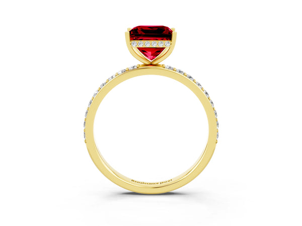 Yellow gold Princess Cut Ruby Solitaire Ring with Pavé Band and Hidden Halo