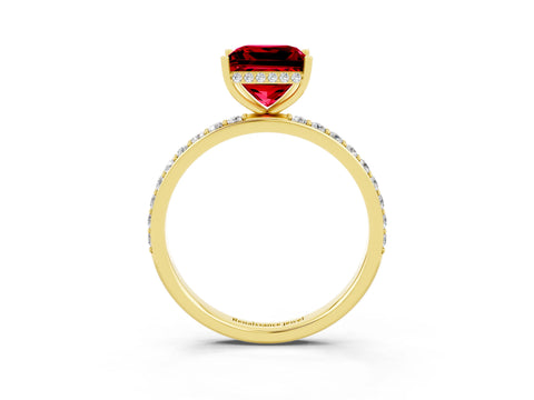 Yellow gold Princess Cut Ruby Solitaire Ring with Pavé Band and Hidden Halo_15
