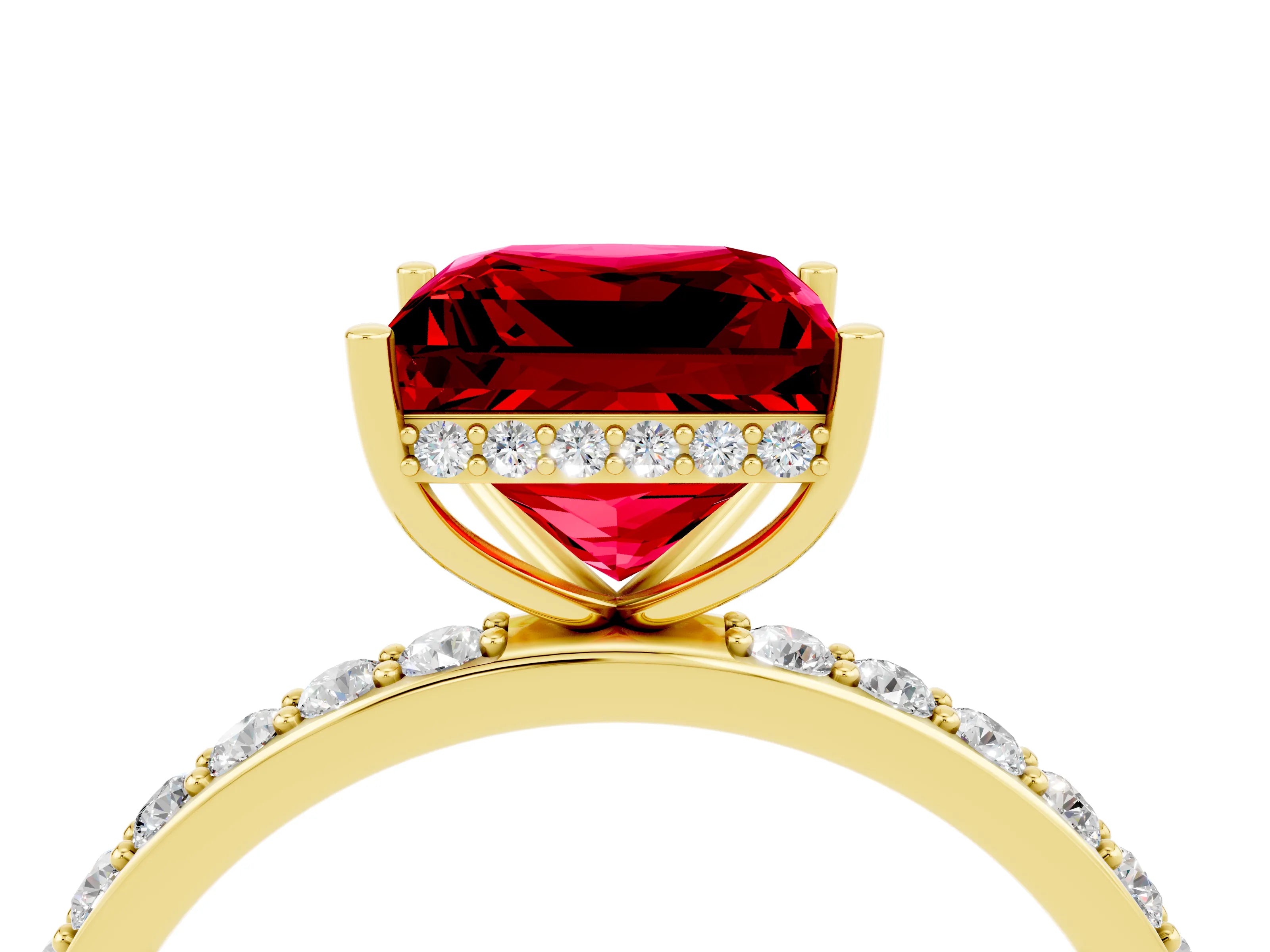 Yellow gold Princess Cut Ruby Solitaire Ring with Pavé Band and Hidden Halo_16