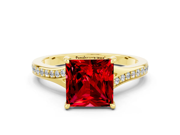 Yellow gold Princess Cut Ruby Solitaire Ring with Pavé Band and Prong Setting