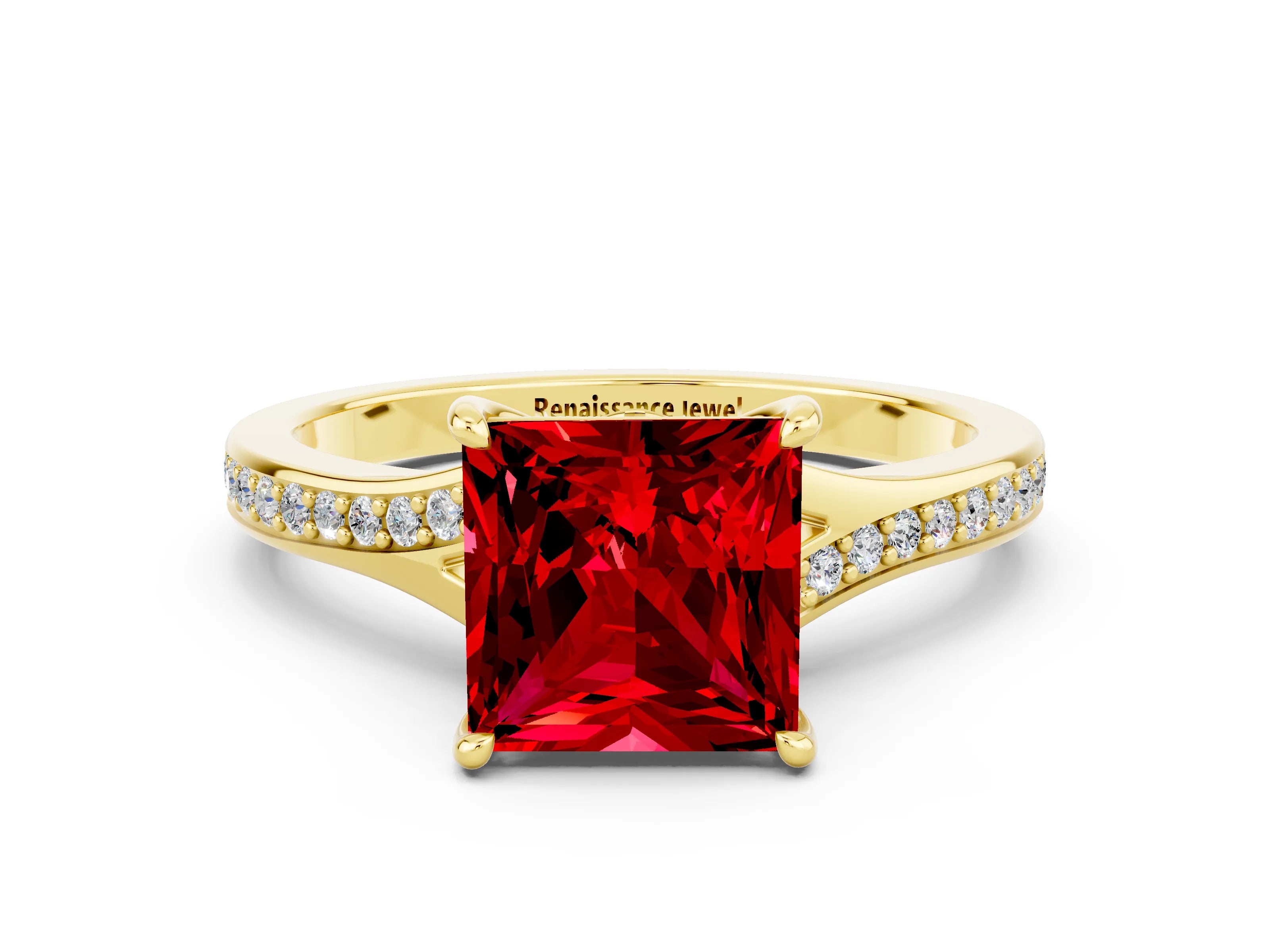 Yellow gold Princess Cut Ruby Solitaire Ring with Pavé Band and Prong Setting_12