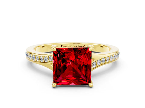 Yellow gold Princess Cut Ruby Solitaire Ring with Pavé Band and Prong Setting_12