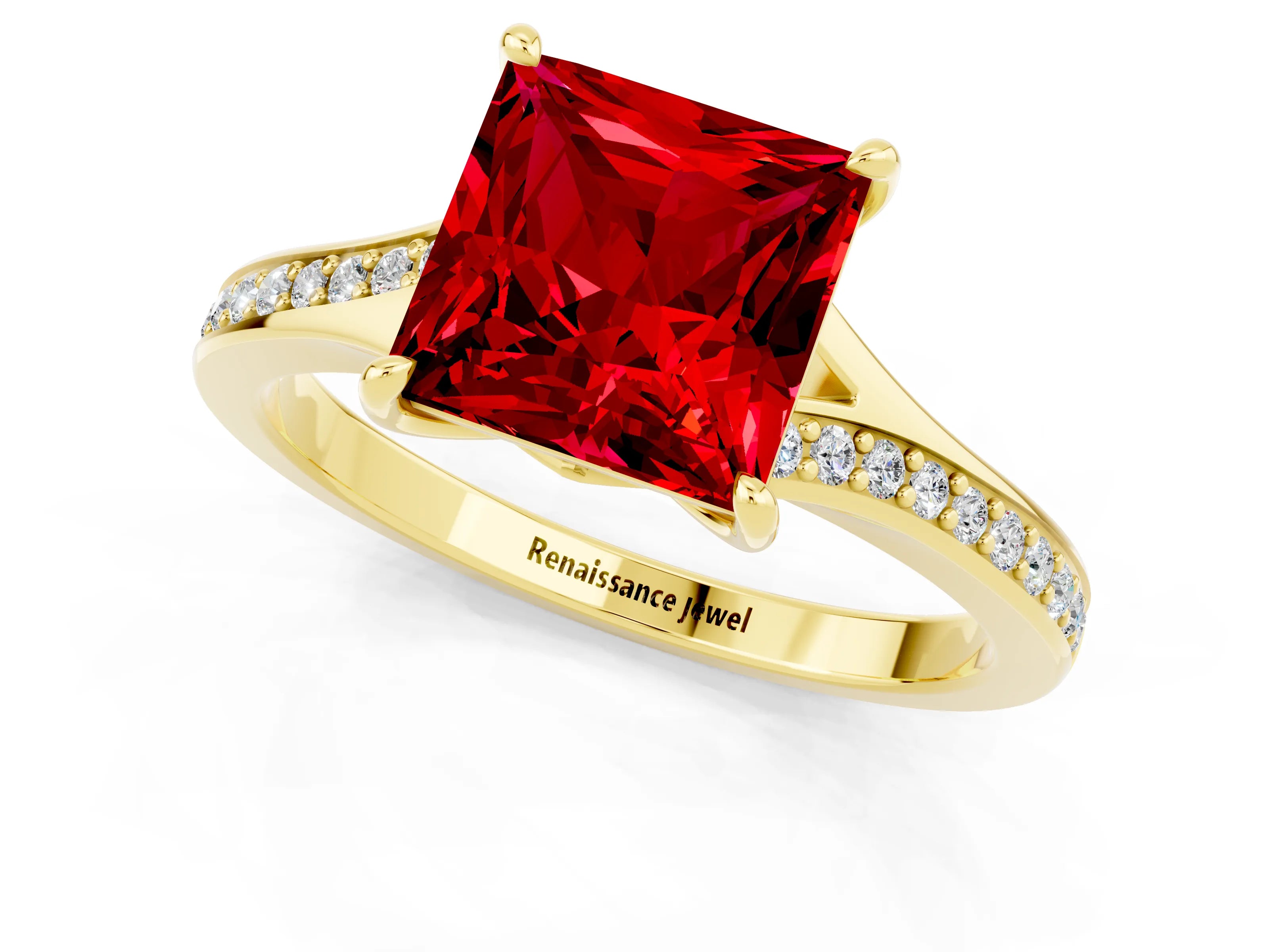 Yellow gold Princess Cut Ruby Solitaire Ring with Pavé Band and Prong Setting_13