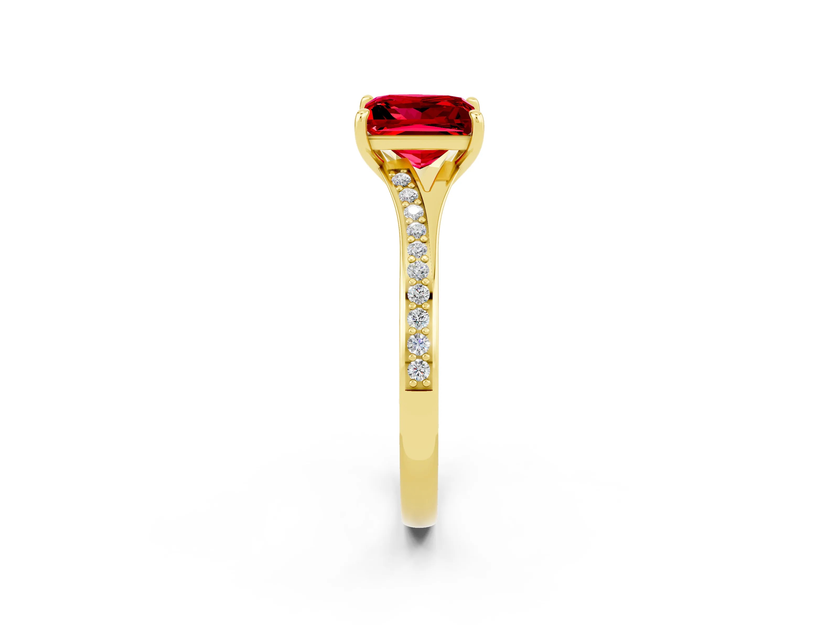 Yellow gold Princess Cut Ruby Solitaire Ring with Pavé Band and Prong Setting_14