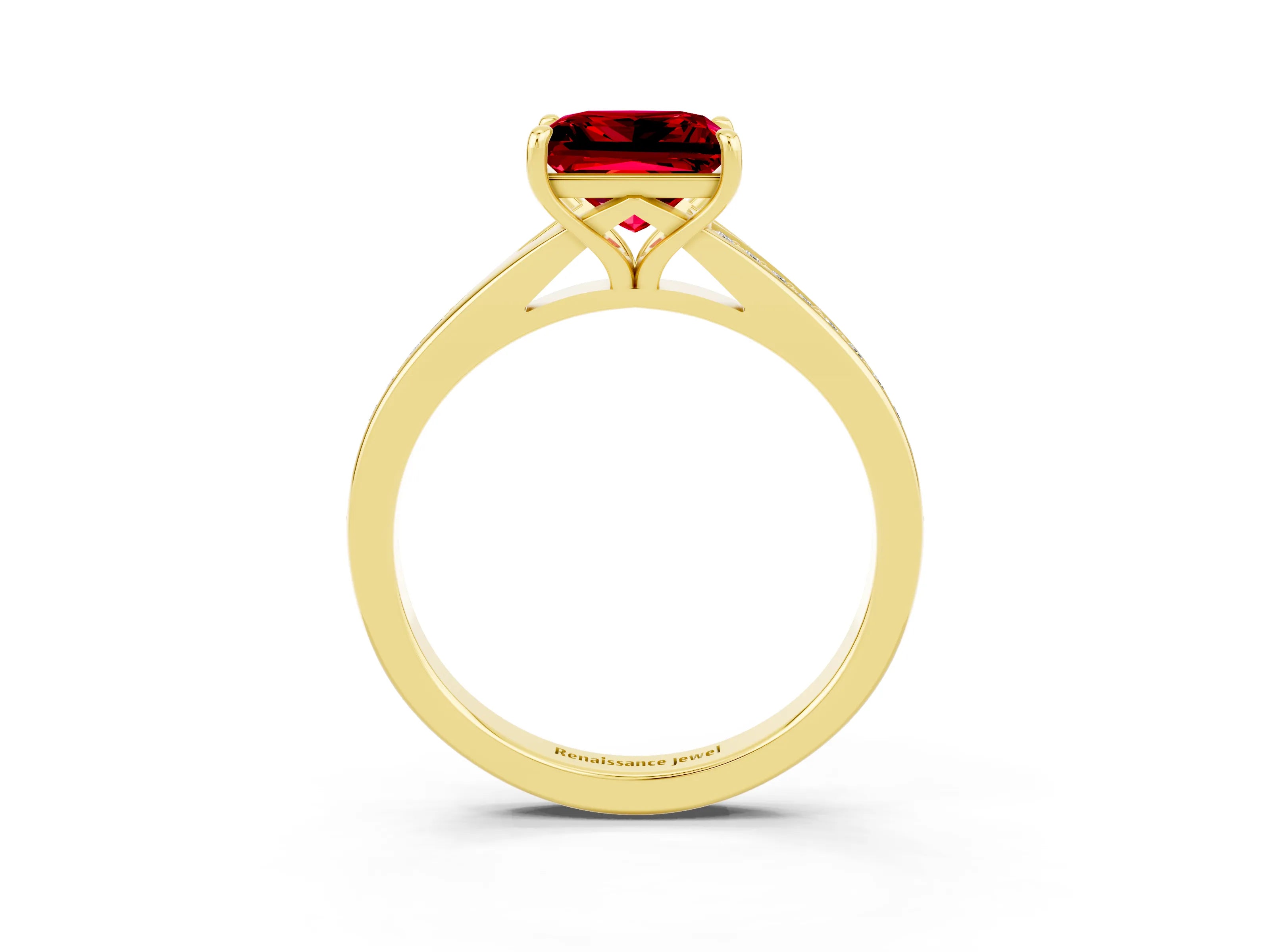 Yellow gold Princess Cut Ruby Solitaire Ring with Pavé Band and Prong Setting_15
