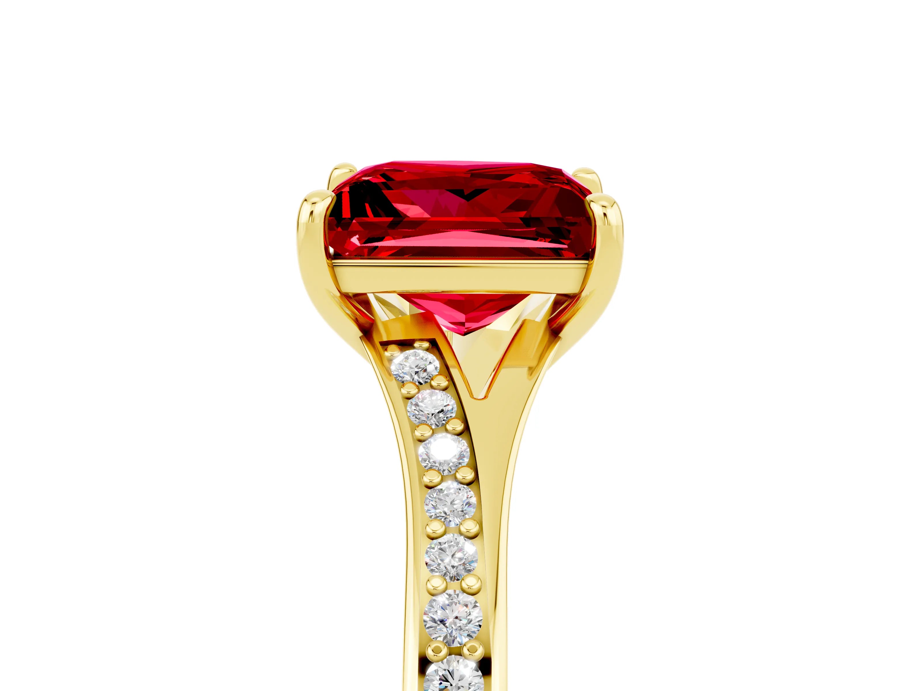 Yellow gold Princess Cut Ruby Solitaire Ring with Pavé Band and Prong Setting_17