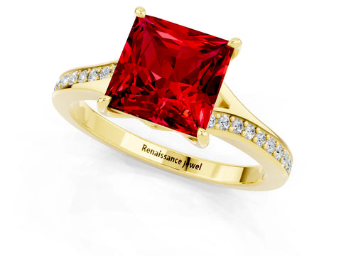 Yellow gold Princess Cut Ruby Solitaire Ring with Pavé Band and Prong Setting_1