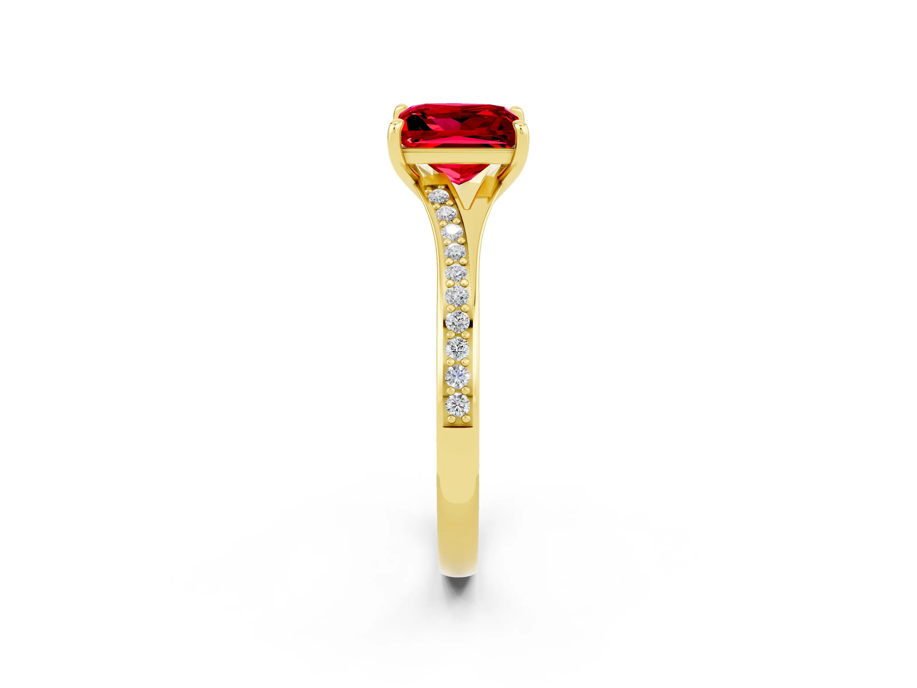 Yellow gold Princess Cut Ruby Solitaire Ring with Pavé Band and Prong Setting_2