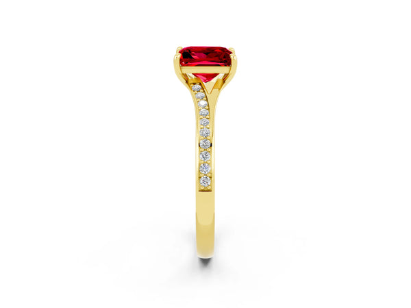 Yellow gold Princess Cut Ruby Solitaire Ring with Pavé Band and Prong Setting