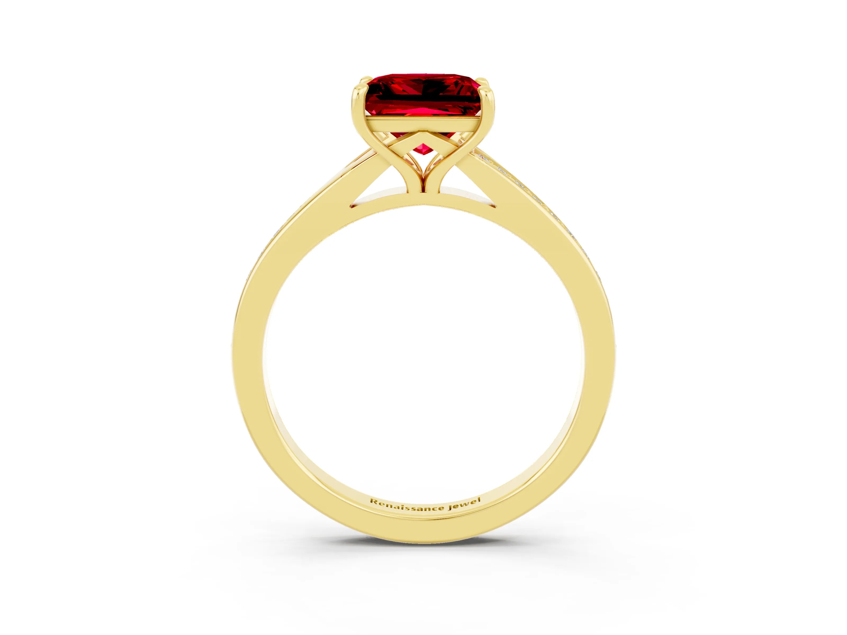 Yellow gold Princess Cut Ruby Solitaire Ring with Pavé Band and Prong Setting_3