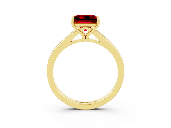 Yellow gold Princess Cut Ruby Solitaire Ring with Pavé Band and Prong Setting