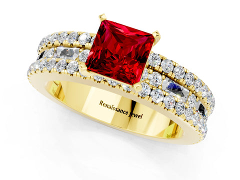 Yellow gold Princess Cut Ruby Solitaire Ring with Pavé and Channel Set Band_1