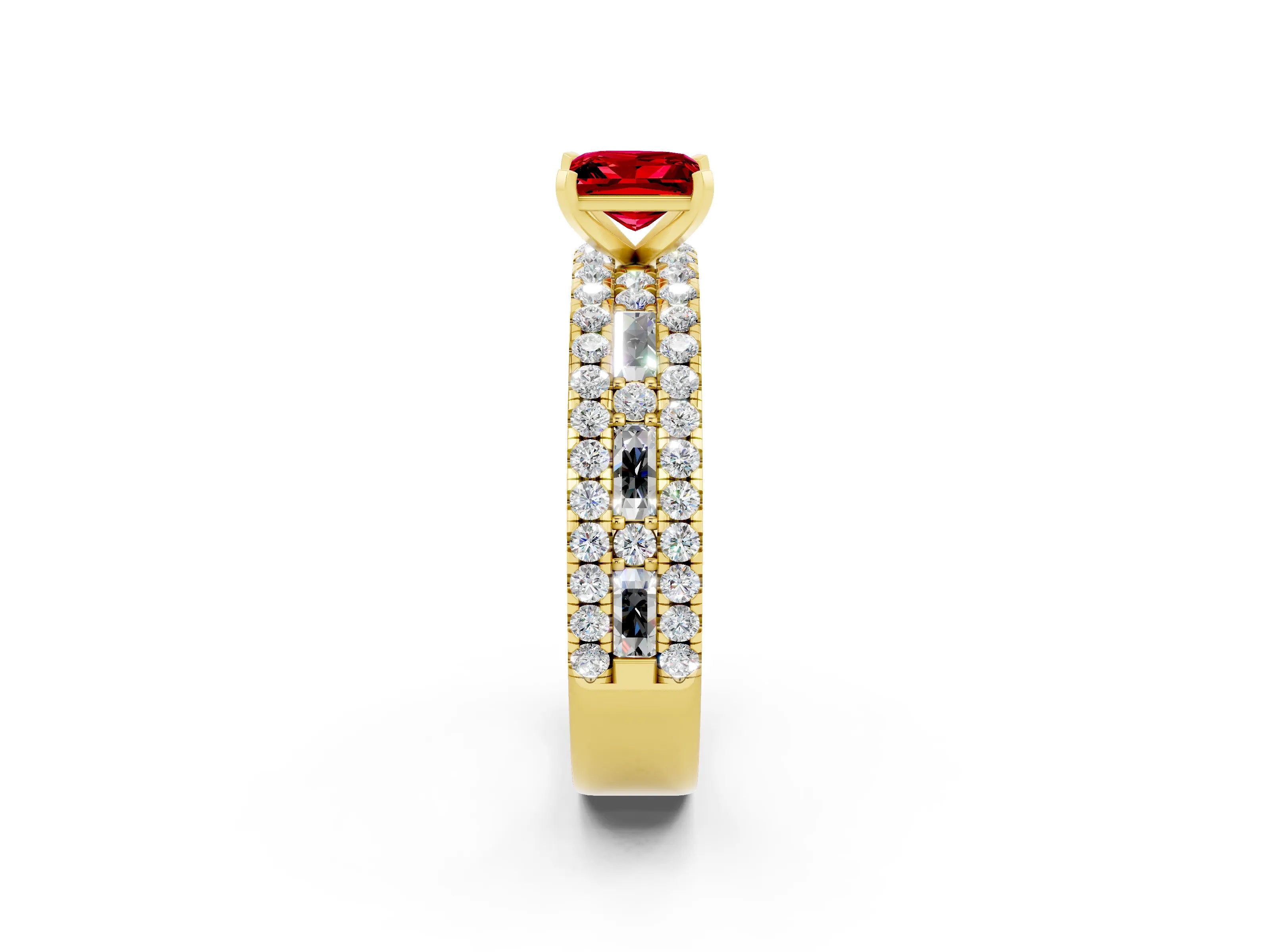 Yellow gold Princess Cut Ruby Solitaire Ring with Pavé and Channel Set Band_2