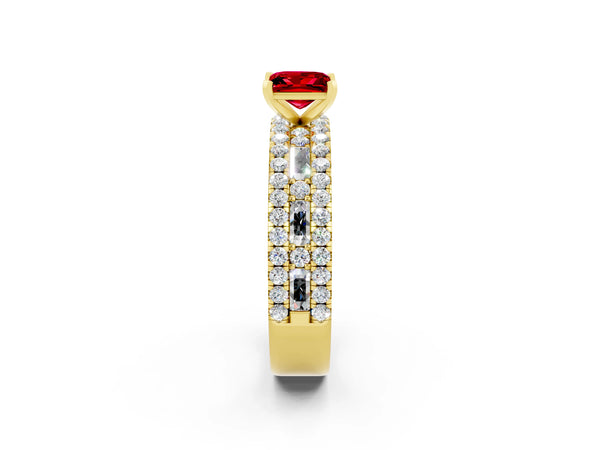 Yellow gold Princess Cut Ruby Solitaire Ring with Pavé and Channel Set Band