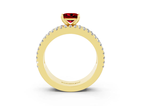 Yellow gold Princess Cut Ruby Solitaire Ring with Pavé and Channel Set Band