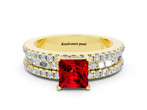 Yellow gold Princess Cut Ruby Solitaire Ring with Pavé and Channel Set Band