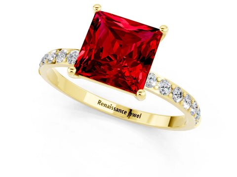 Yellow gold Princess Cut Ruby Solitaire Ring with Pave Band and Four Prong Setting_25