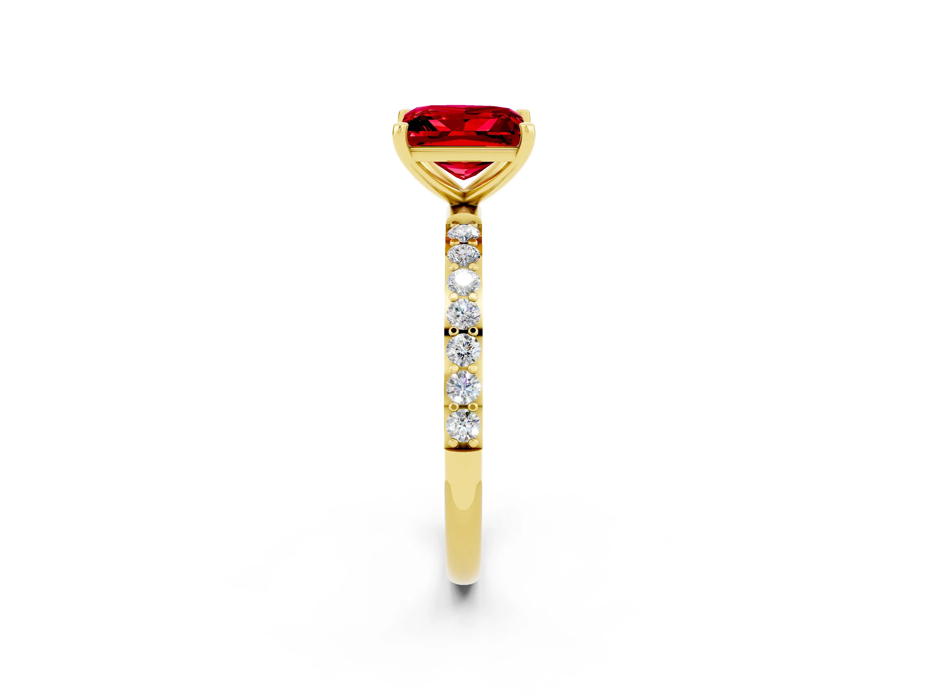 Yellow gold Princess Cut Ruby Solitaire Ring with Pave Band and Four Prong Setting_26