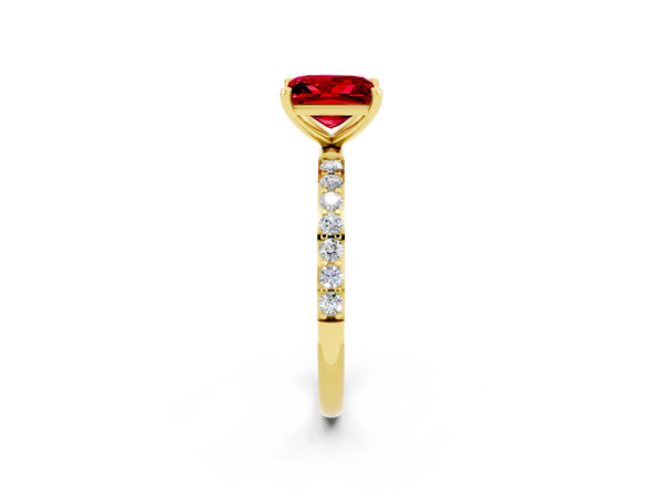 Yellow gold Princess Cut Ruby Solitaire Ring with Round  Pavé Band and Prong Setting