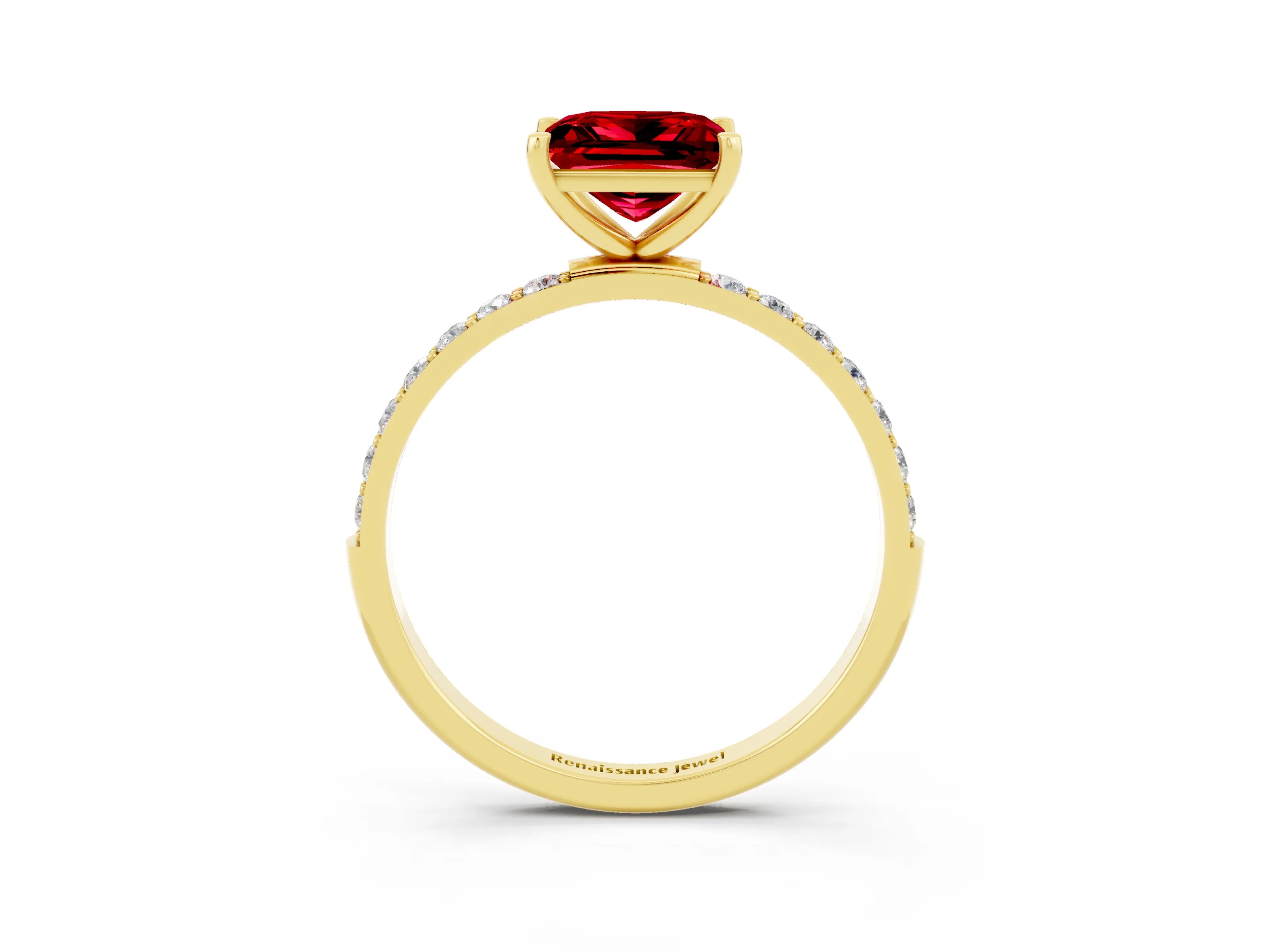 Yellow gold Princess Cut Ruby Solitaire Ring with Pave Band and Four Prong Setting_27