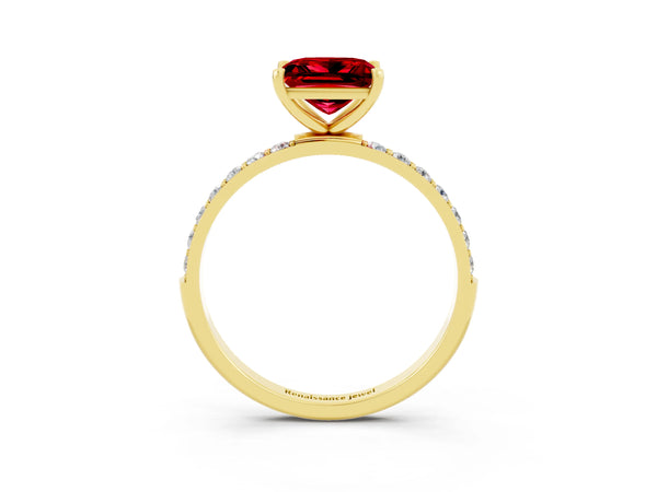 Yellow gold Princess Cut Ruby Solitaire Ring with Round  Pavé Band and Prong Setting