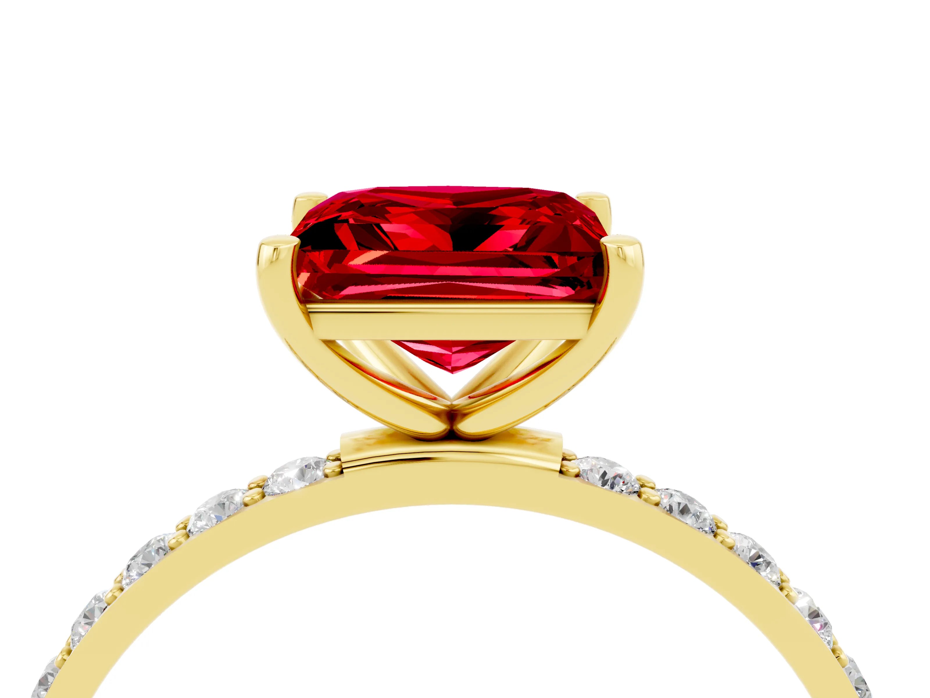 Yellow gold Princess Cut Ruby Solitaire Ring with Pave Band and Four Prong Setting_28