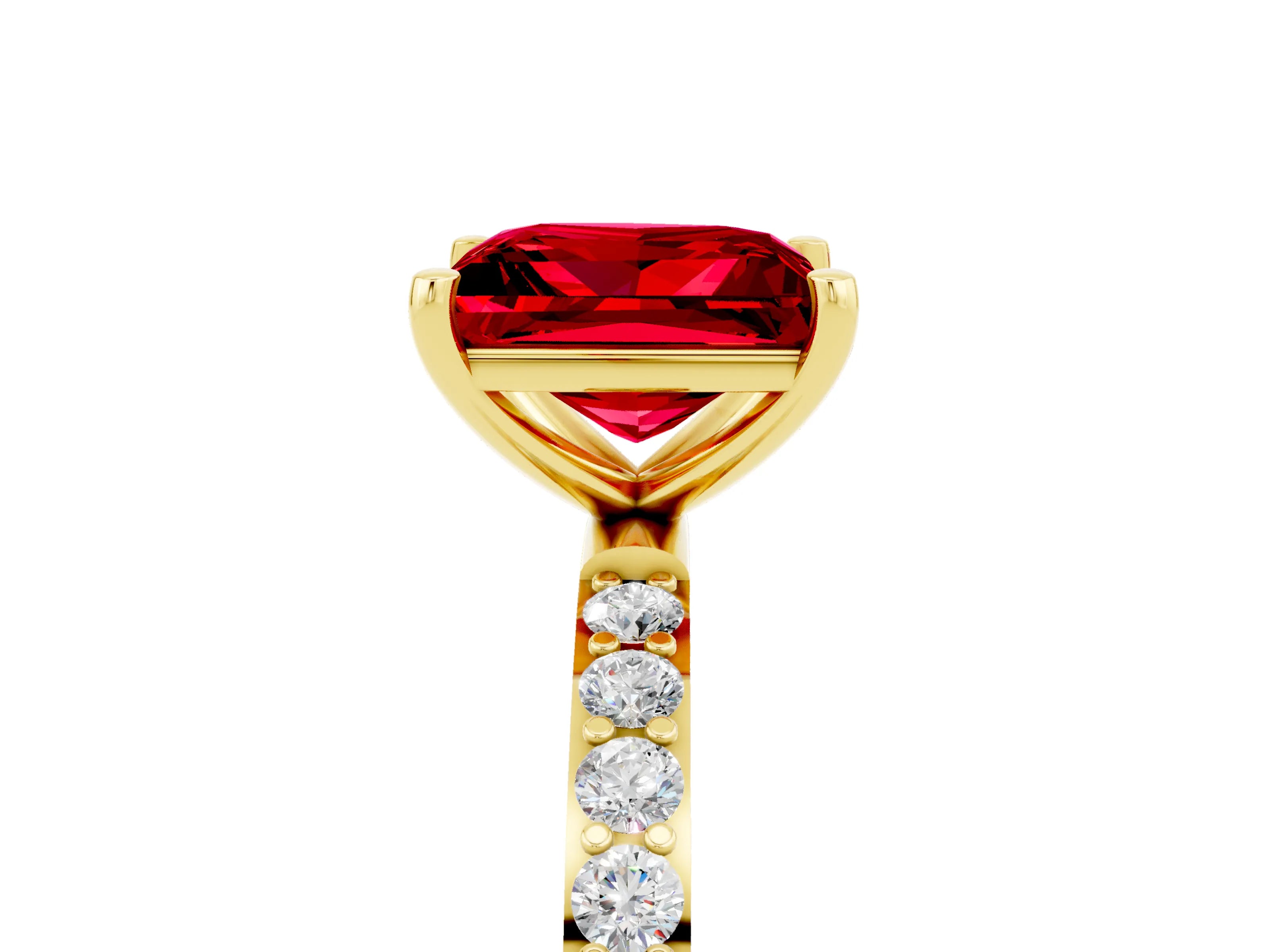 Yellow gold Princess Cut Ruby Solitaire Ring with Pave Band and Four Prong Setting_29