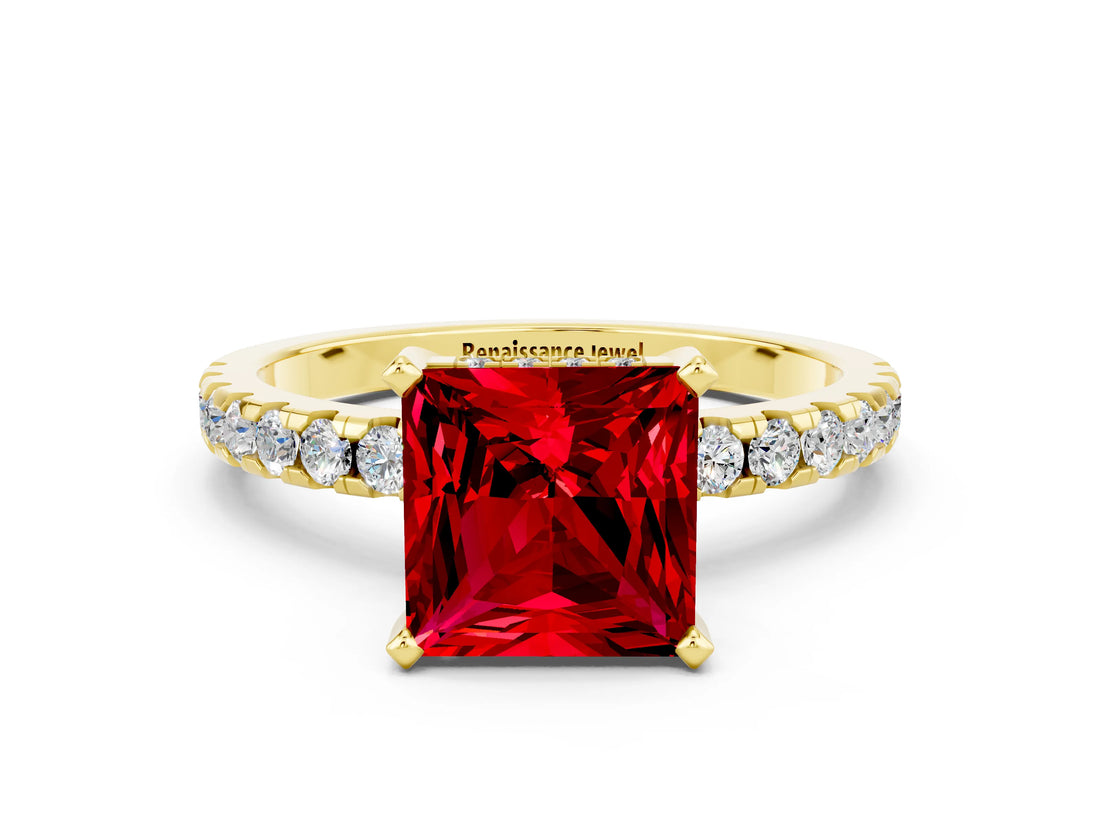 Yellow gold Princess Cut Ruby Solitaire Ring with Round  Pavé Band and Four-Prong Setting_36