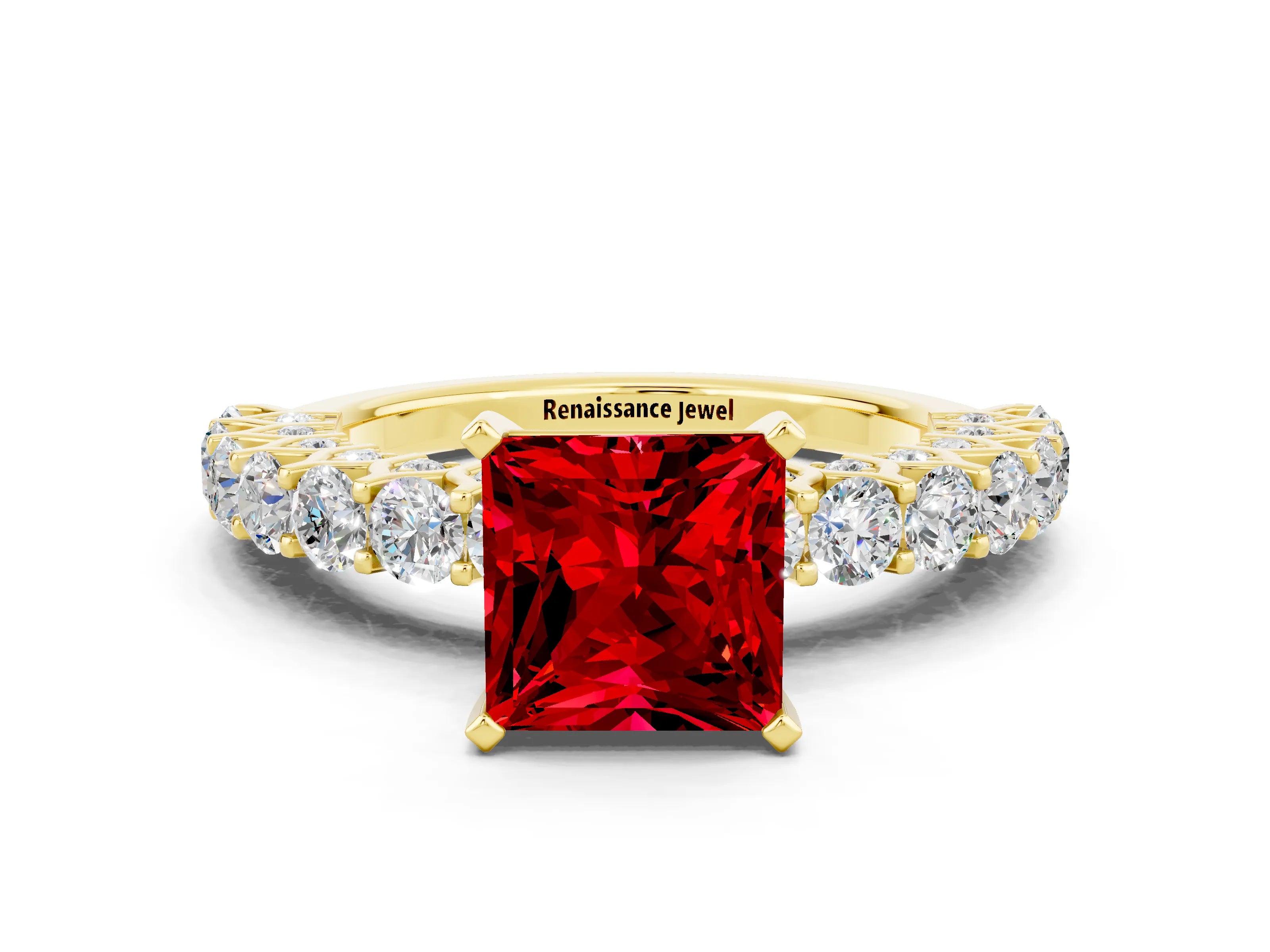 Yellow gold Princess Cut Ruby Solitaire Ring with Shared Prong Pavé Band and Four-Prong Setting
