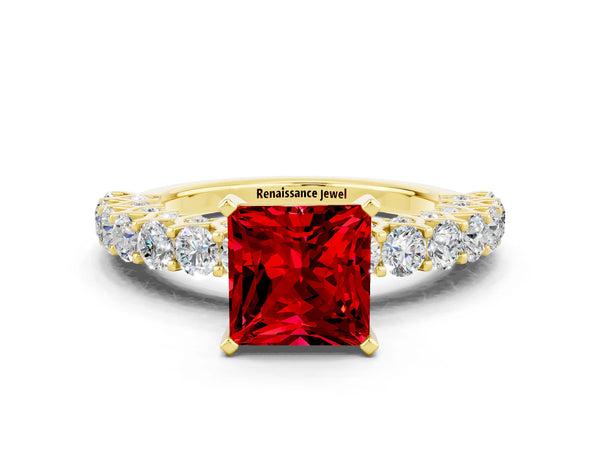 Yellow gold Princess Cut Ruby Solitaire Ring with Shared Prong Pavé Band and Four-Prong Setting