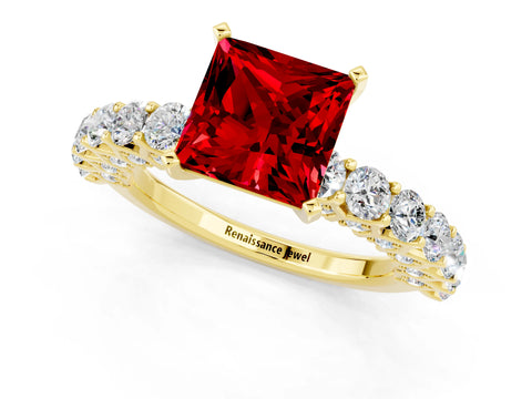 Yellow gold Princess Cut Ruby Solitaire Ring with Shared Prong Pavé Band and Four-Prong Setting_1
