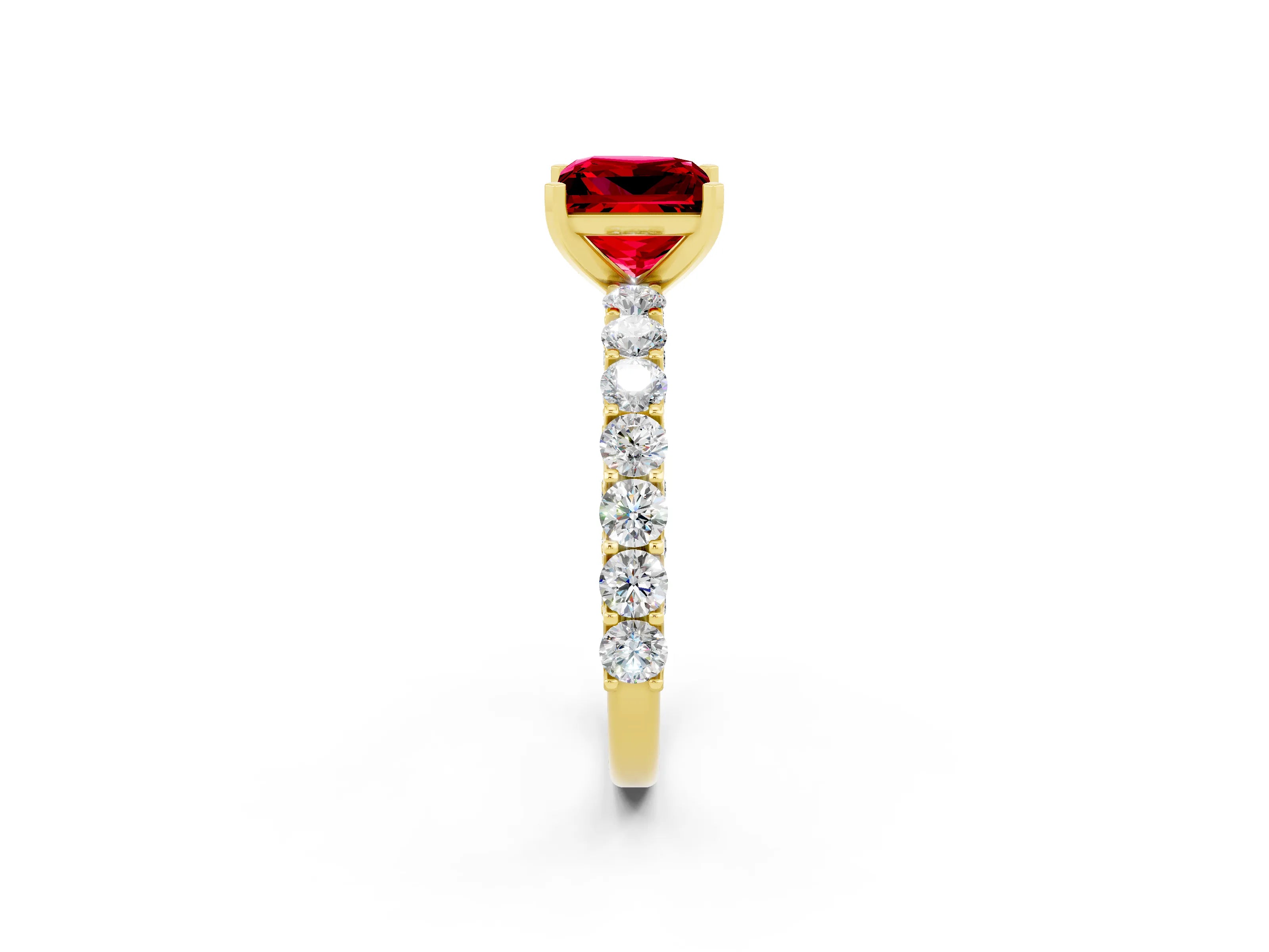 Yellow gold Princess Cut Ruby Solitaire Ring with Shared Prong Pavé Band and Four-Prong Setting_2